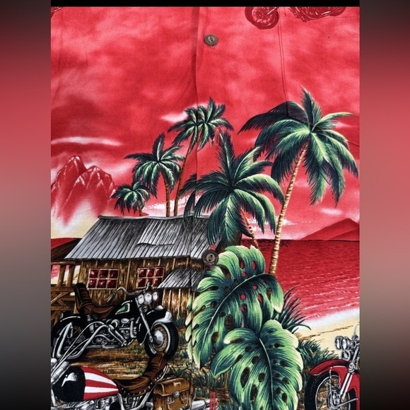 Ky's Red Harley Motorcycle & Palm Trees Hawaiian Button Down Large USA Hawaii - Picture 5 of 9